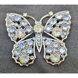 Butterfly Openwork Blue Rhinestones Vintage Silver Brooch Pin